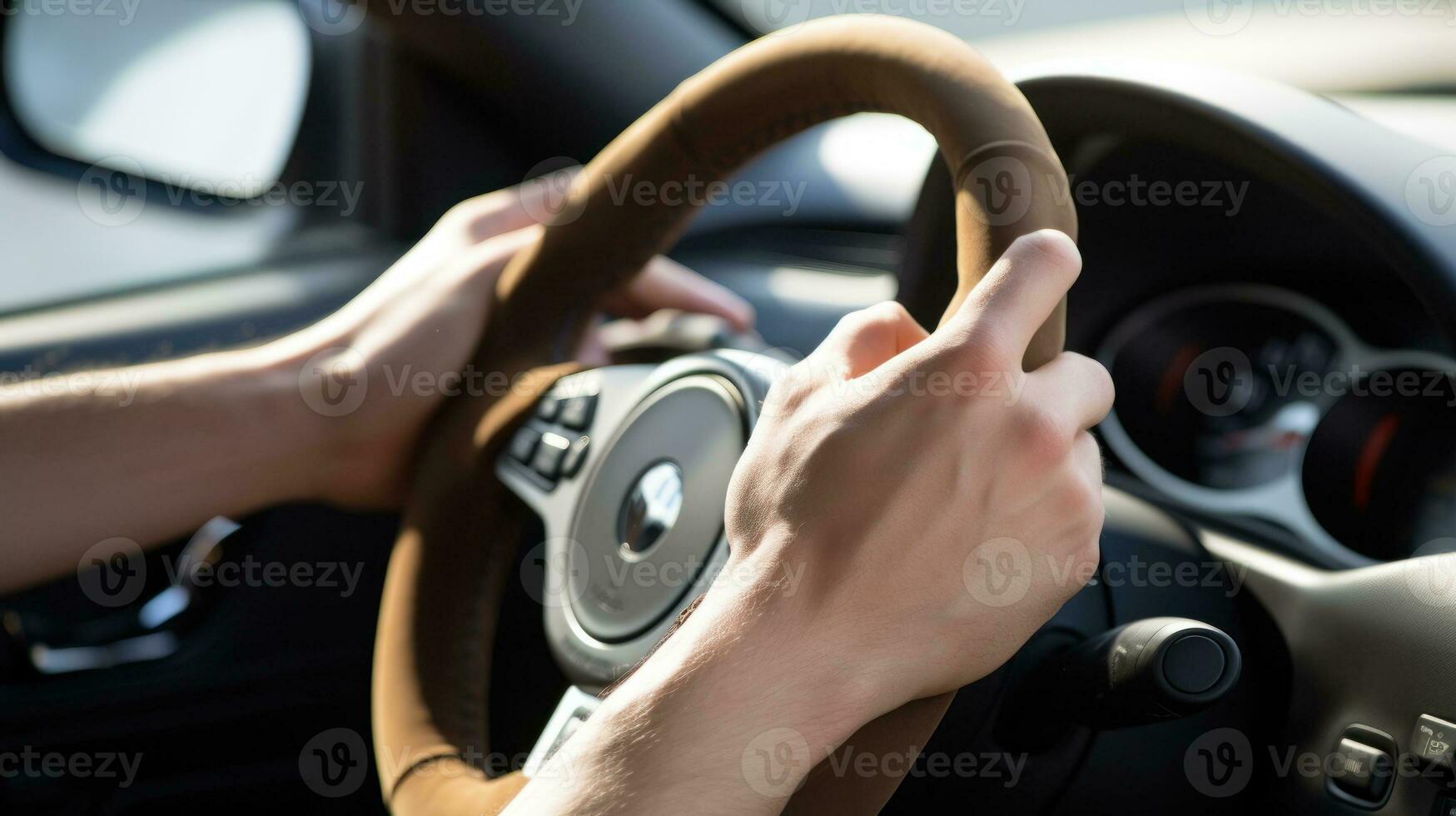 AI generated Person driving car with hands on steering wheel. Generative AI photo