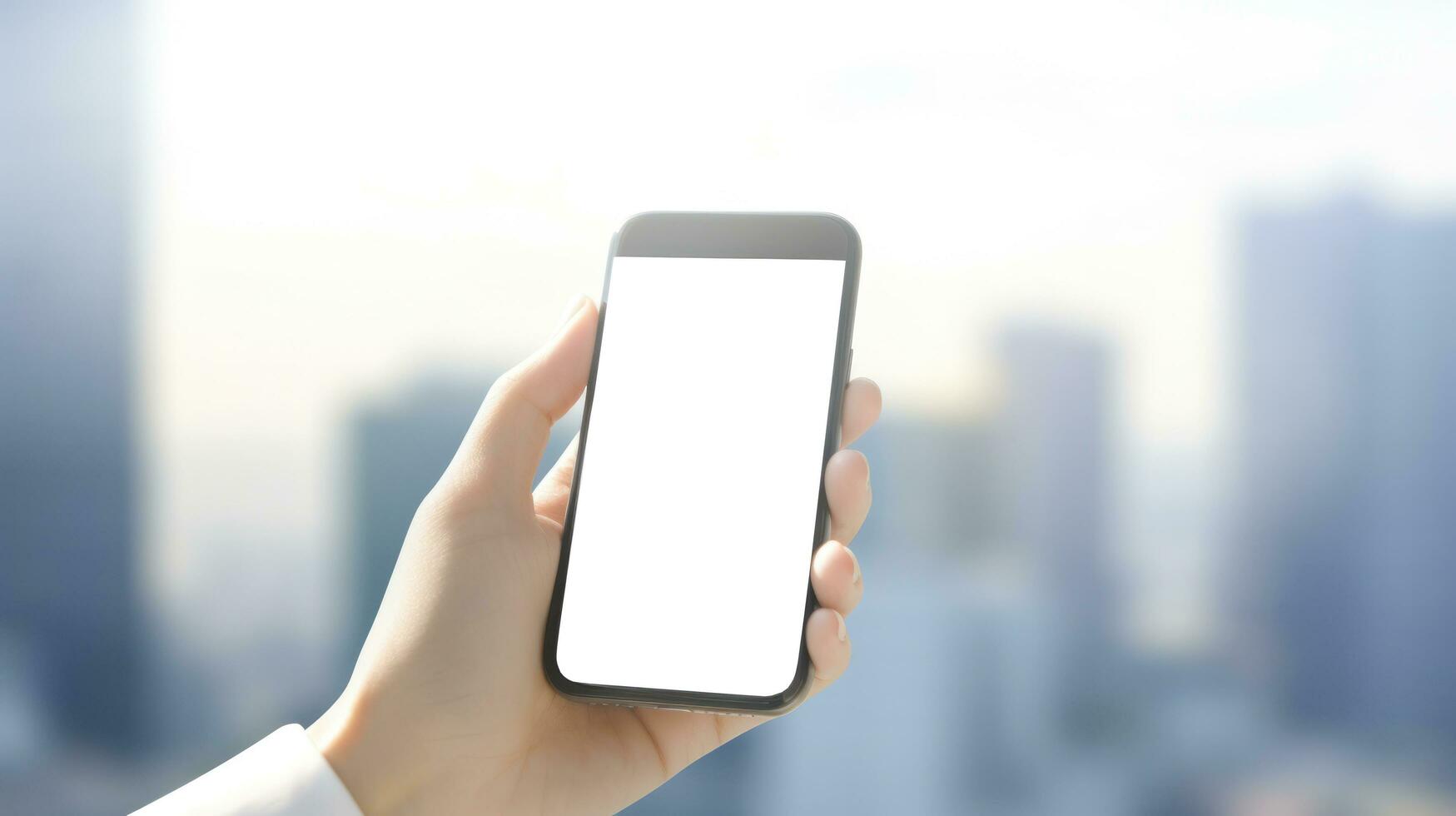 AI generated Smartphone held in hand against city backdrop. Generative AI photo
