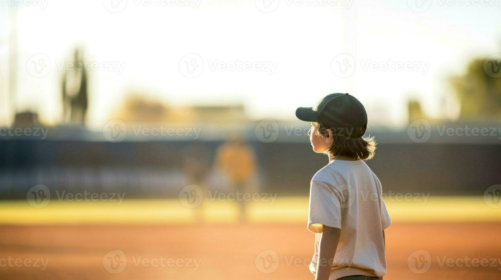 ai generado un joven chico vistiendo un béisbol gorra en un campo, Listo a jugar. generativo ai foto