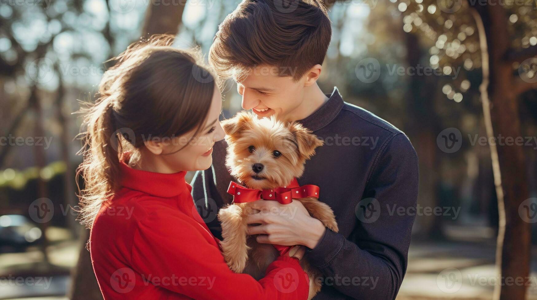 AI generated A couple holding a dog in a park, enjoying a sunny day outdoors. Generative AI photo