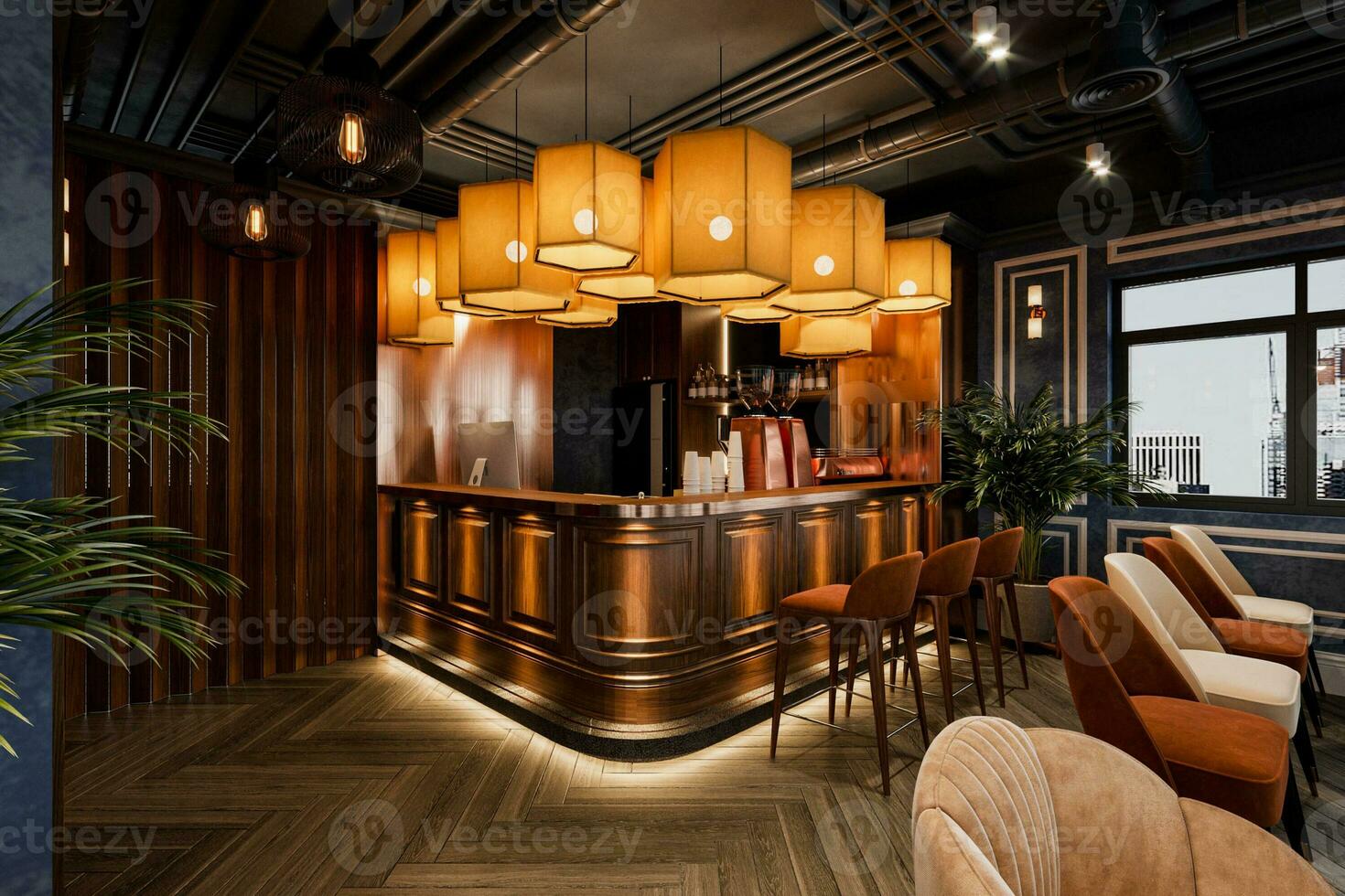 recepción interior con de madera mostrador con sillas y exclusivo candelabro en un moderno restaurante. foto