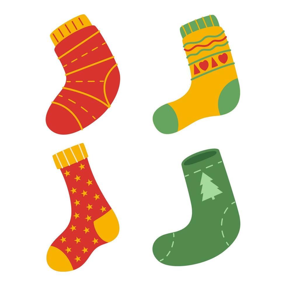 Flat Winter Socks Element. Bundle Set. Christmas Event. Vector Illustration