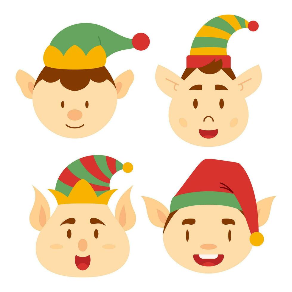 Flat Elf Head Character. Bundle Set. Christmas Event. Vector Illustration