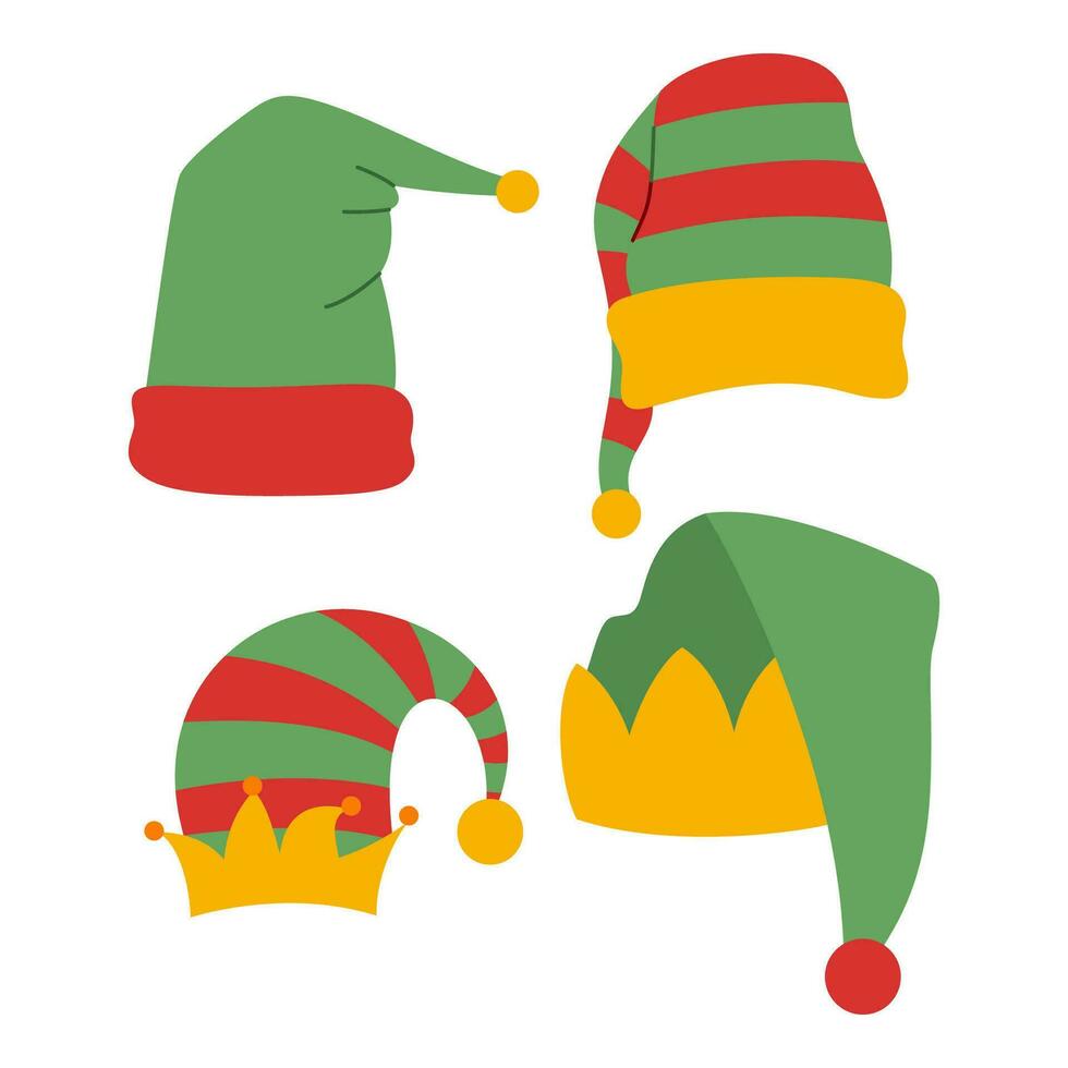 Flat Elf Hat Element. Bundle Set. Christmas Event.  Vector Illustration