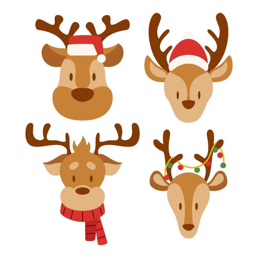 Flat Santa's Reindeer Head Character. Bundle Set. Christmas Event. Vector Illustration