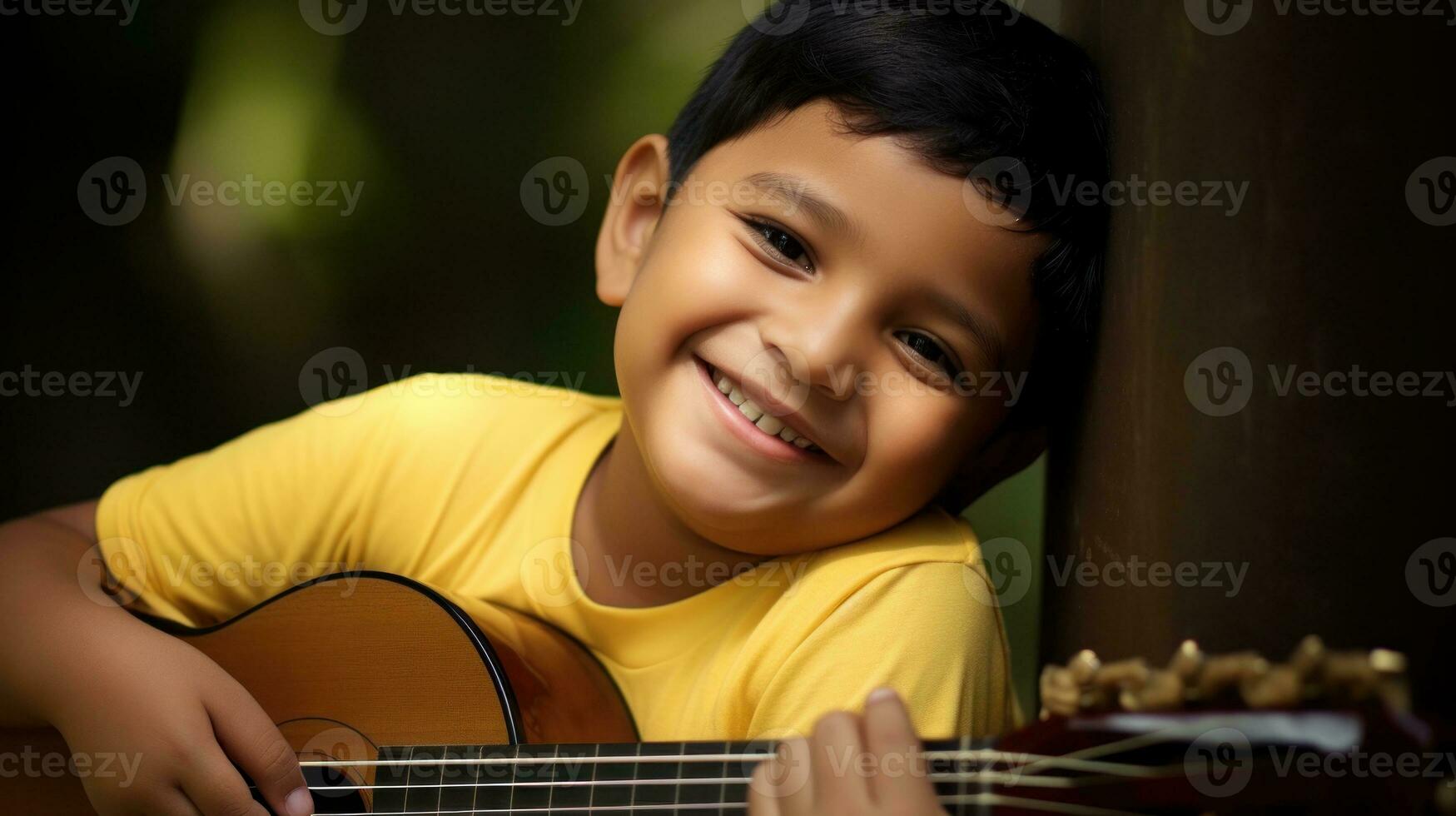 AI generated Young boy happily holds acoustic guitar. Generative AI photo