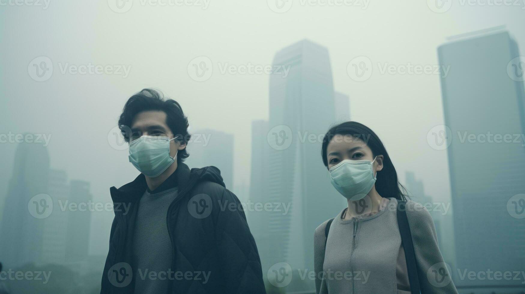 AI generated Two young people wearing face masks in the city implement safety measures during the epidemic. Generative AI photo