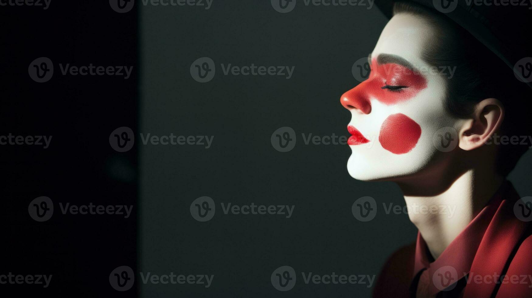 A woman with red make-up and a clown face, wearing a colorful costume. Generative AI photo