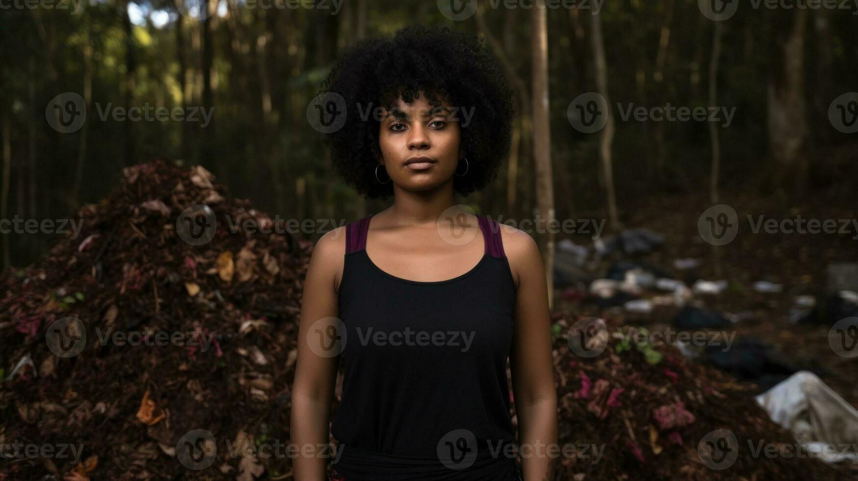 ai generado un mujer en pie en un pila de basura, simbolizando el ambiental problema de residuos acumulación. generativo ai foto