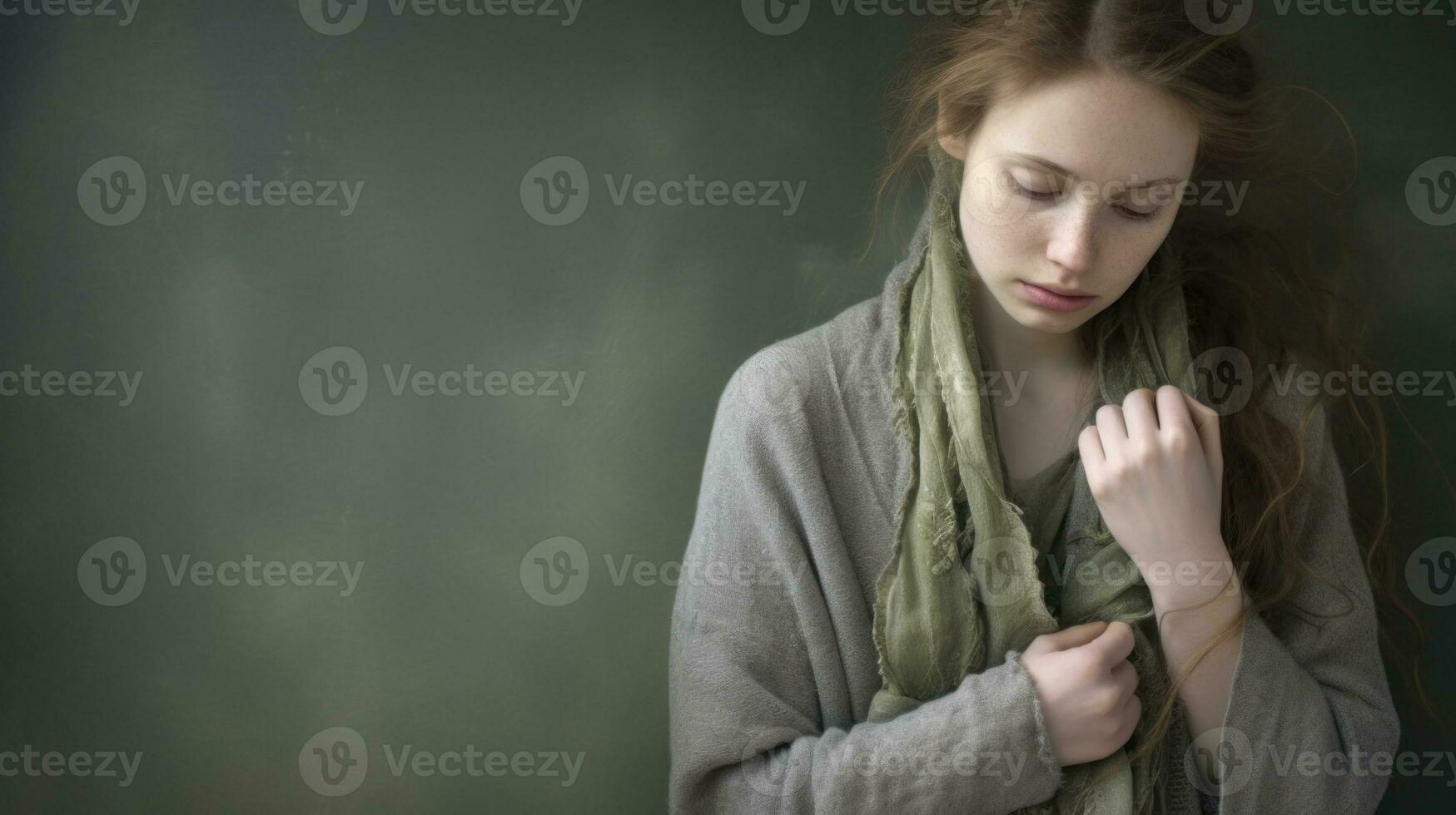 ai generado un joven mujer en pie en frente de un oscuro pared. generativo ai foto