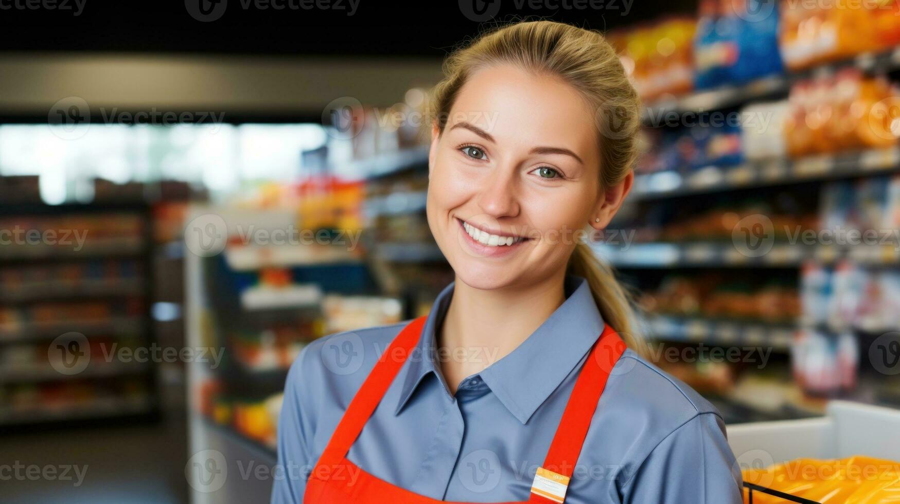 AI generated A female market employee wearing an apron smiles at arriving customers. Generative AI photo