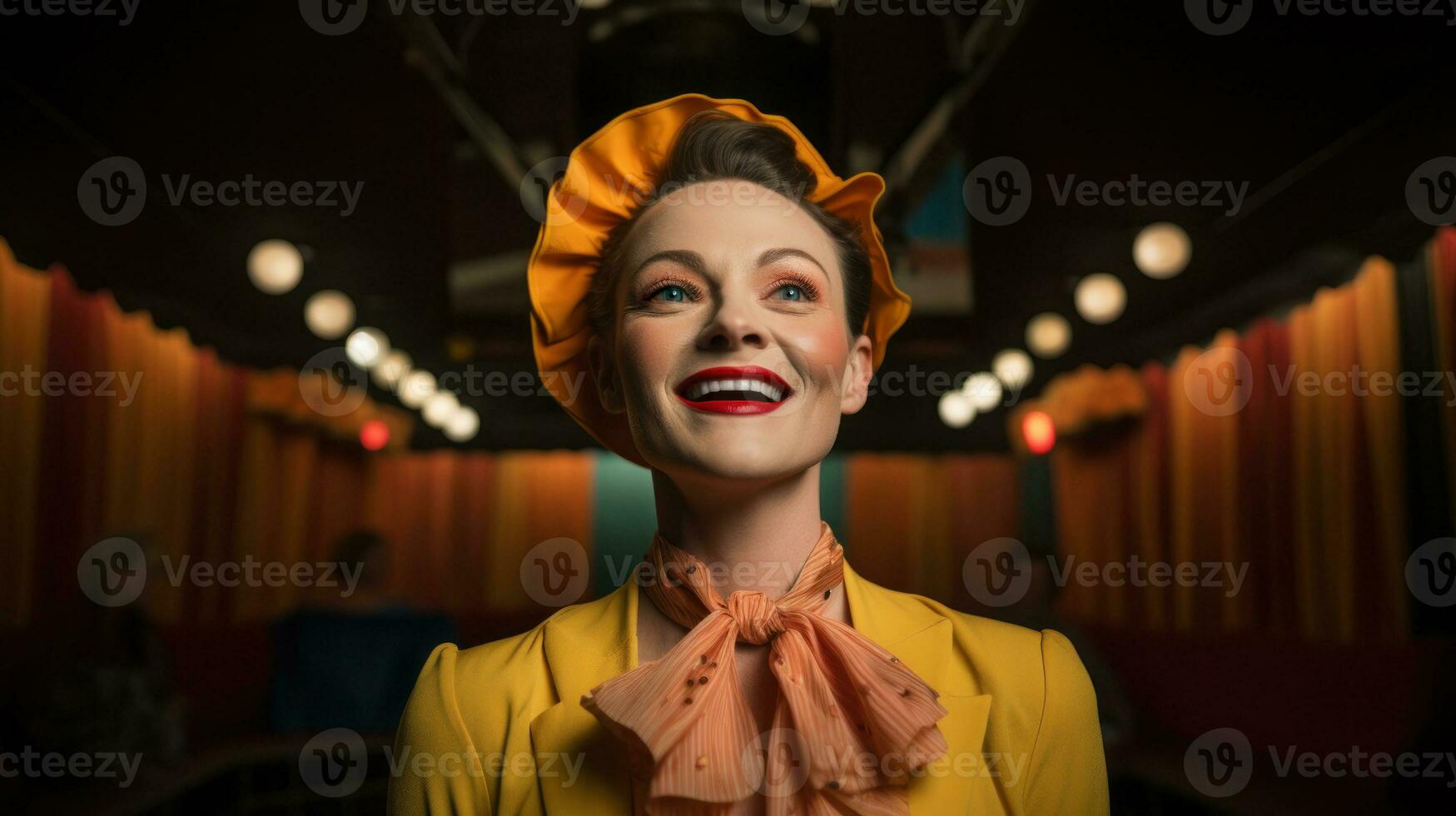 AI generated A woman in a yellow dress and orange bow tie smiling. Generative AI photo