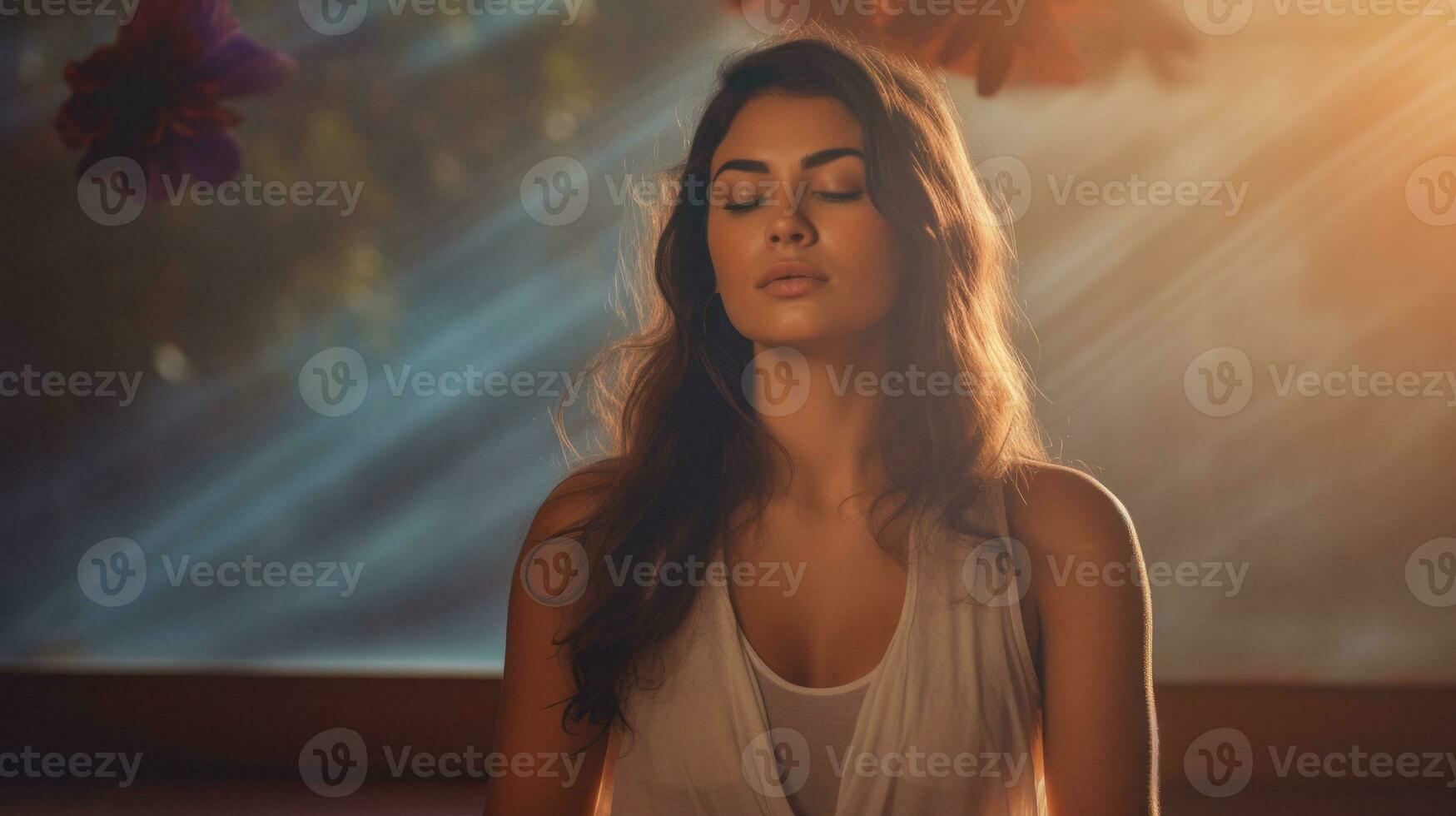 AI generated A woman peacefully meditating in a lotus position, finding inner calm and tranquility. Generative AI photo