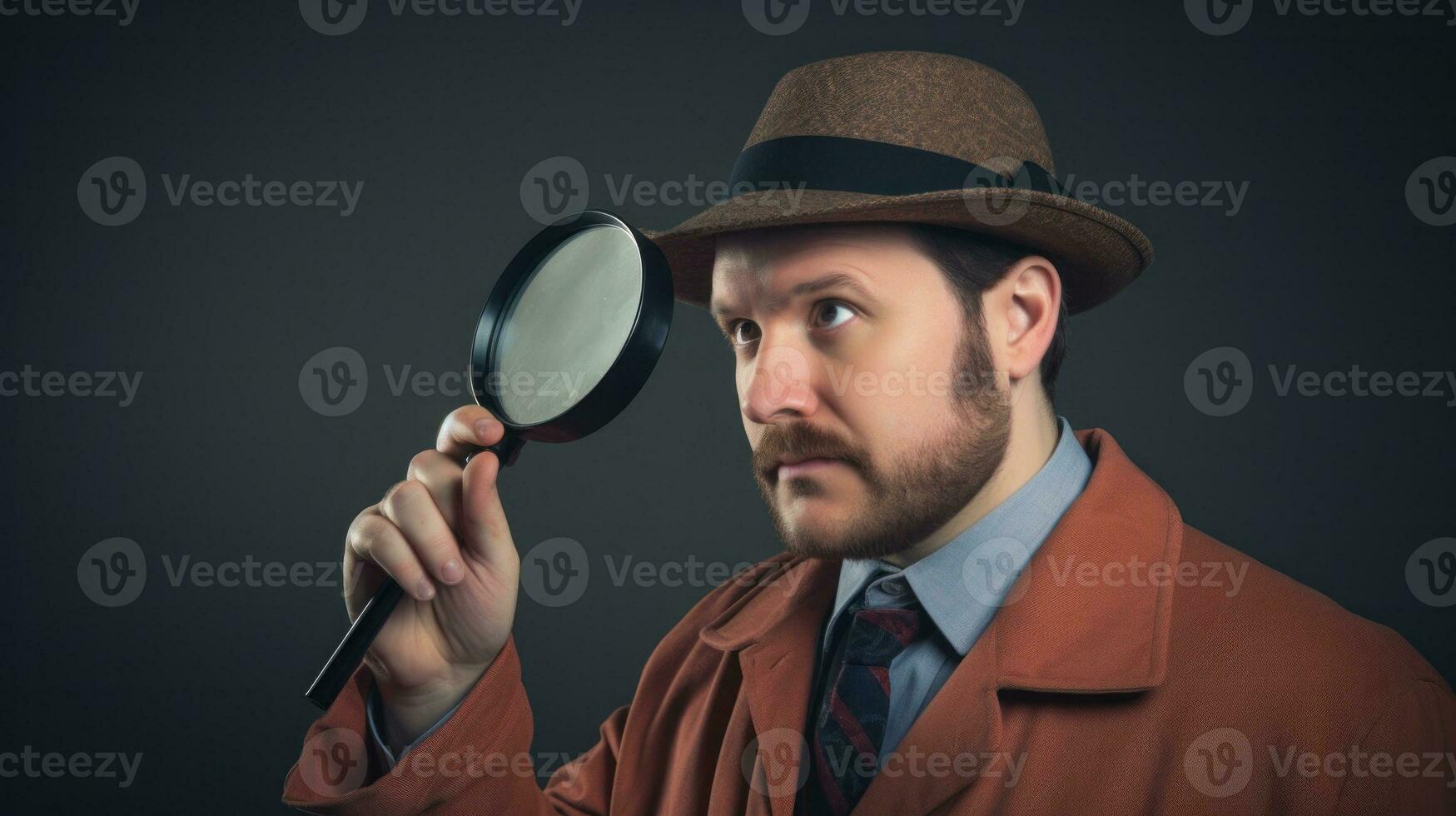 AI generated A detective in an orange coat holding a magnifying glass, investigating a crime scene. Generative AI photo