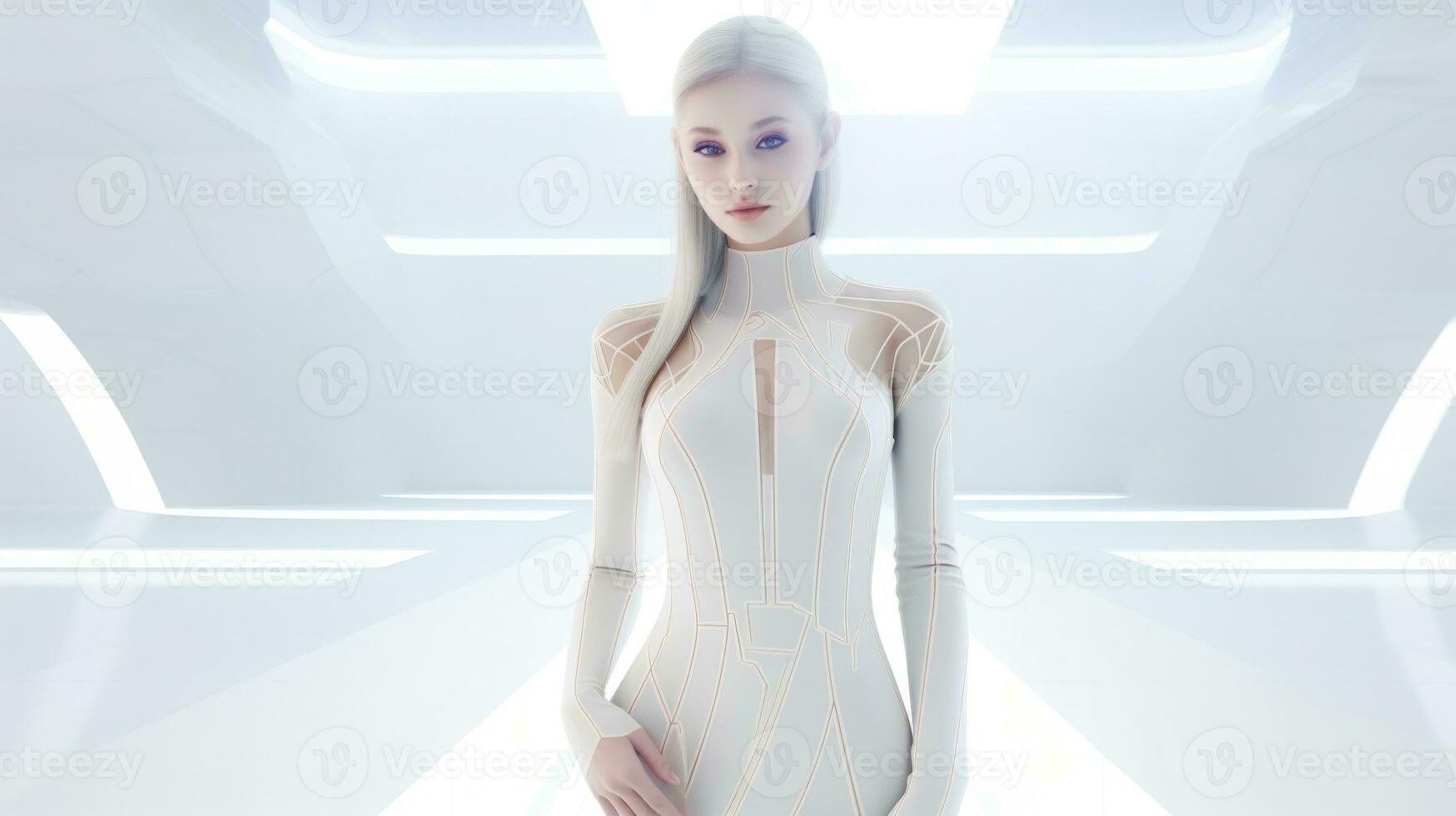 AI generated A woman in a white dress standing in a futuristic setting, surrounded by sleek architecture and advanced technology. Generative AI photo