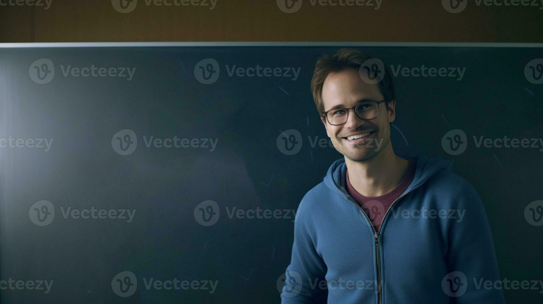 AI generated A man wearing glasses stands in front of a blackboard, possibly teaching or giving a presentation. Generative AI photo