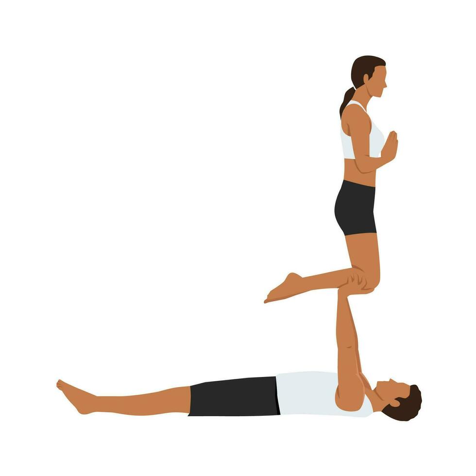 Young couple doing utkatasana couple or chair pose exercise. vector