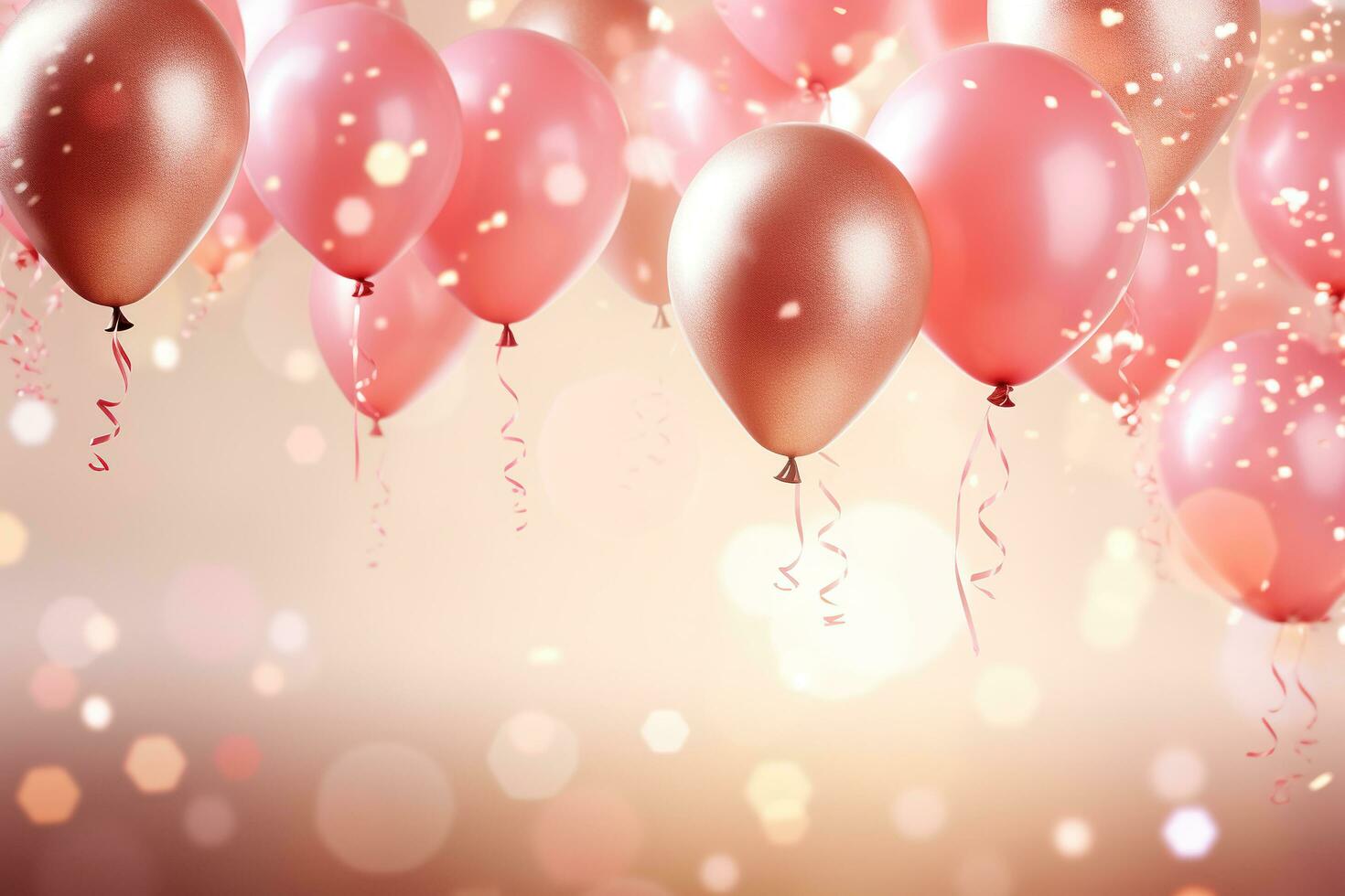 AI generated Pink background with a composition of pink air balloons with sparkles, glare, bokeh. Generated by artificial intelligence photo