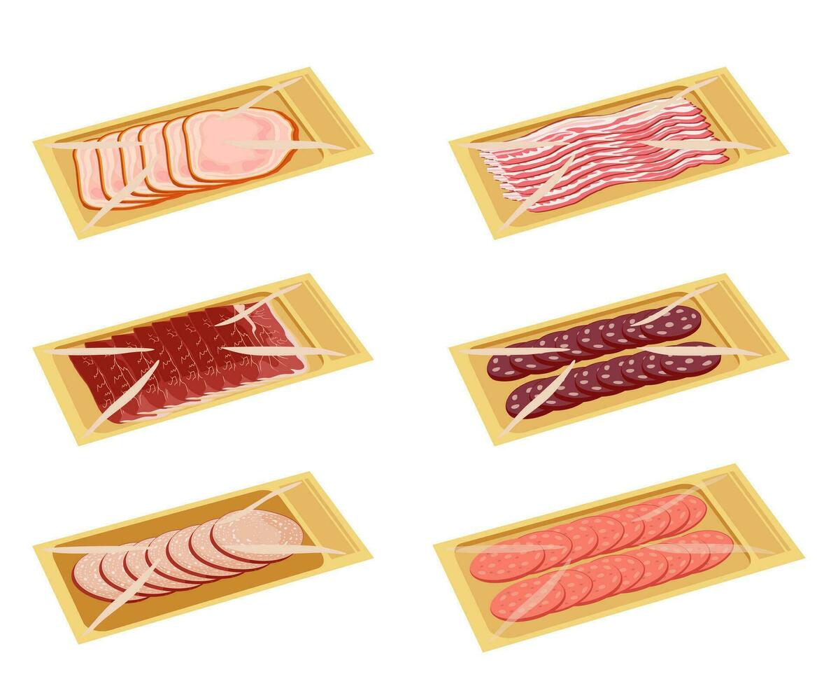 Food packed in food containers, slices of bacon, meat, jamon, sausages, ham and so on. Package with transparent wrap vector