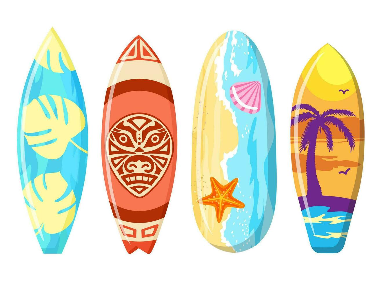 Surfboards set. Bodyboard. Surfboard print design for surfing ride or decor. Beautiful drawing on a surfboard. Vector