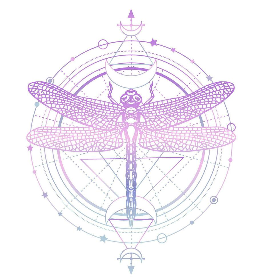Sacred geometric pattern and hand drawn dragonfly. Dragonfly tattoo. Mystical symbols and insects sketch. Alchemy, astrology vector