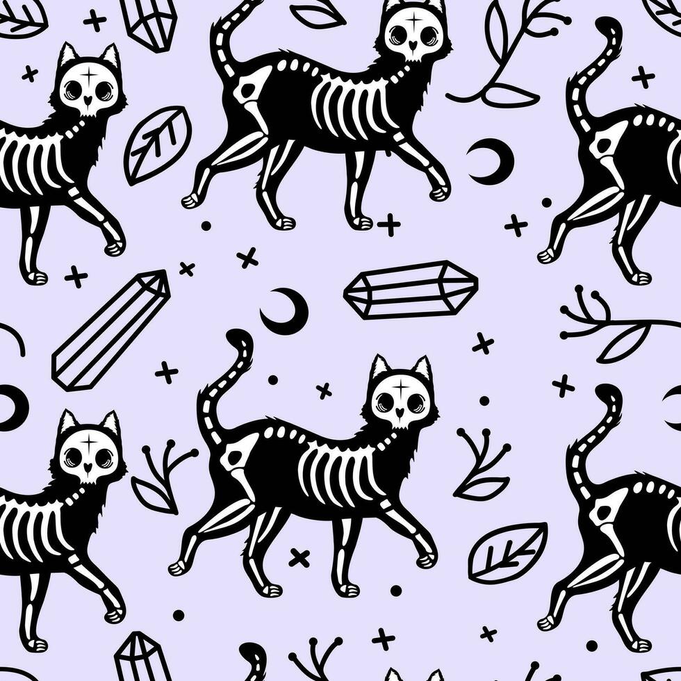 Seamless pattern with cute cat skeletons and flowers and crystals. Cat Skull bone skeleton. Many witchcraft cats vector