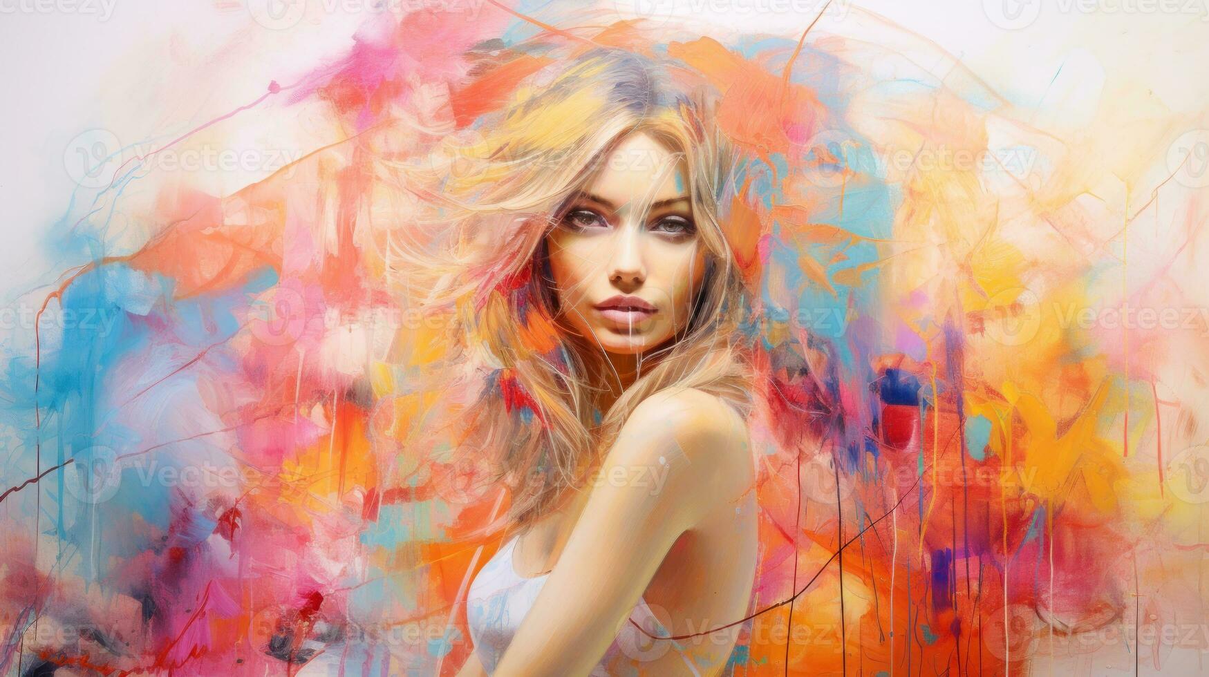 AI generated A painting of a woman with vibrant, multicolored hair, showcasing a unique and artistic expression. Generative AI photo