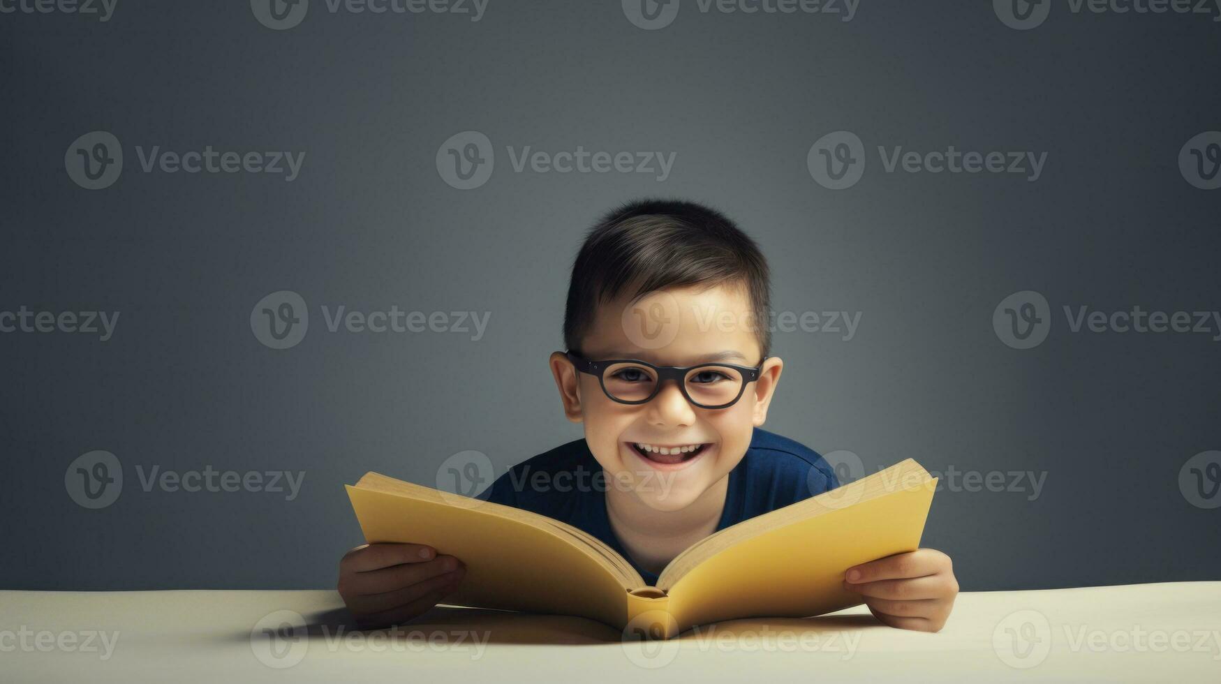 AI generated A bespectacled boy engrossed in reading a book. Generative AI photo