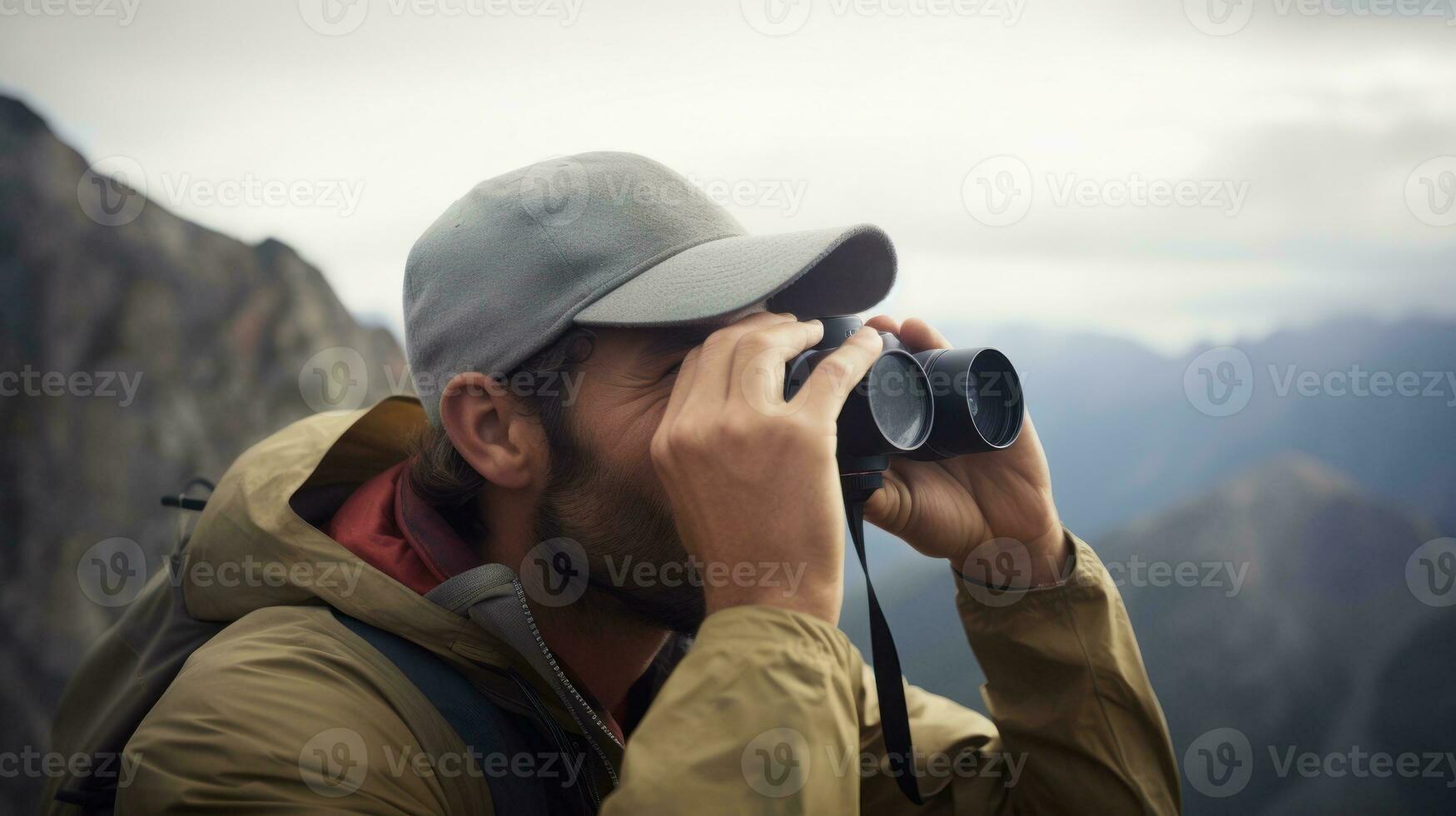 AI generated Man using binoculars in mountainous terrain. Generative AI photo