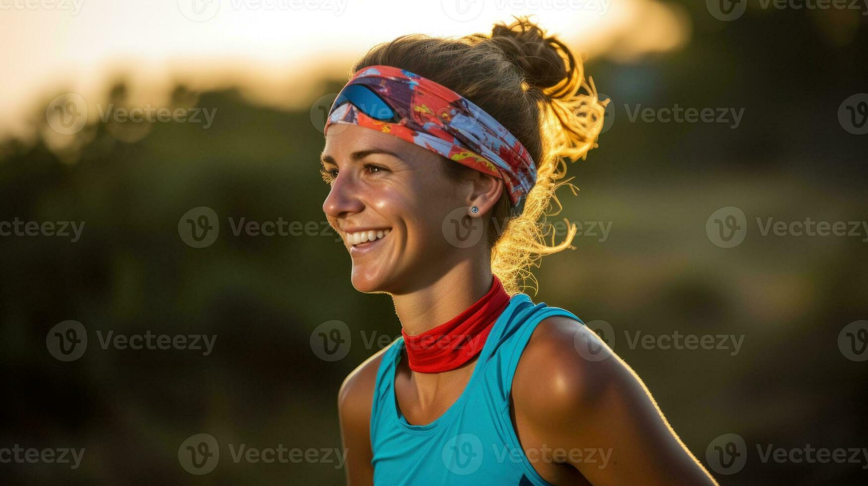 AI generated A woman wearing a headband is running energetically under the bright sun, enjoying her outdoor workout. Generative AI photo
