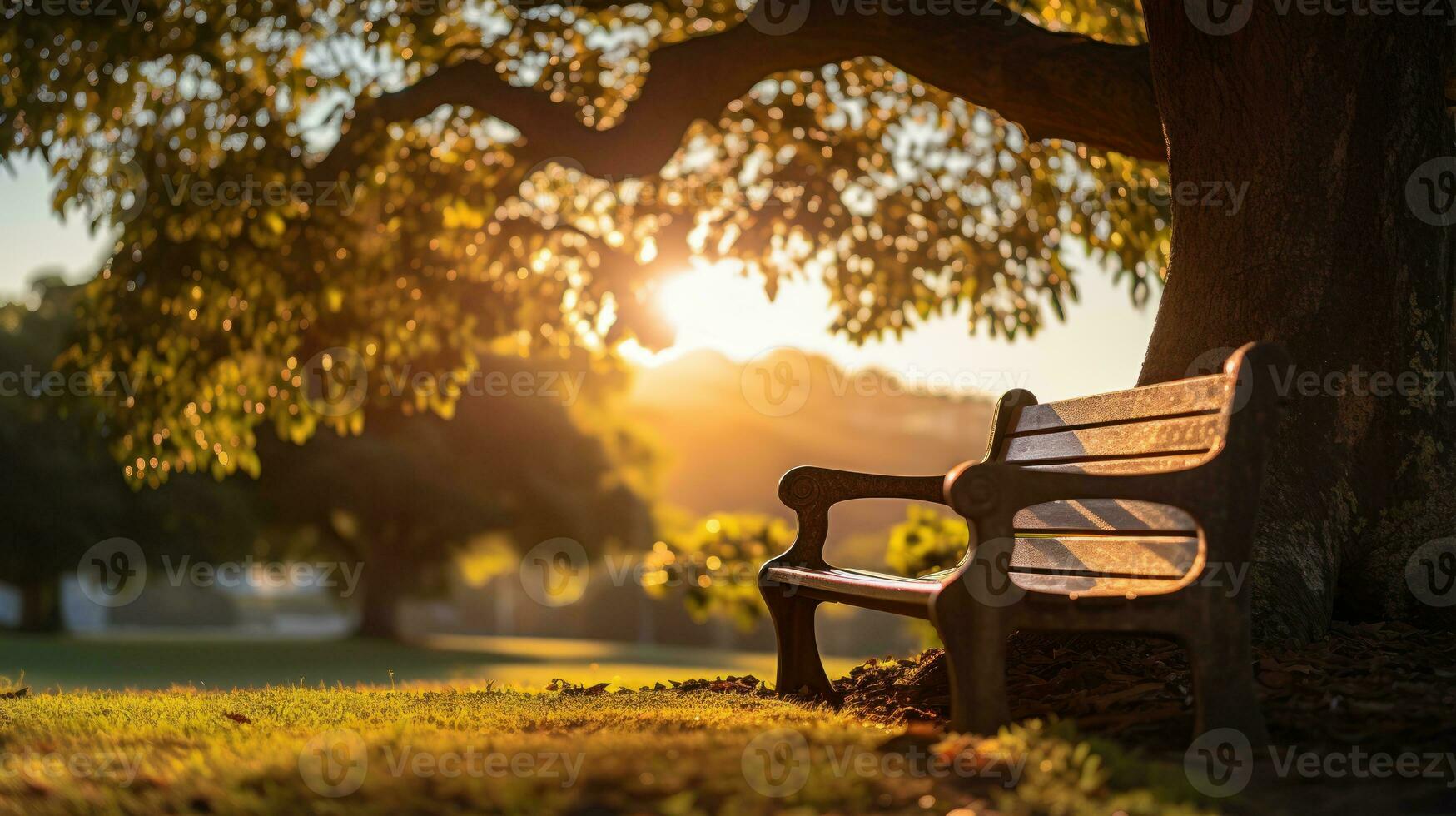 ai generado un sereno puesta de sol escena con un banco anidado debajo un árbol. generativo ai foto