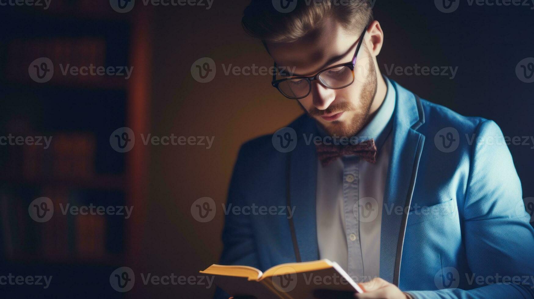 ai generado un hombre en un azul traje y arco Corbata leyendo un libro. generativo ai foto