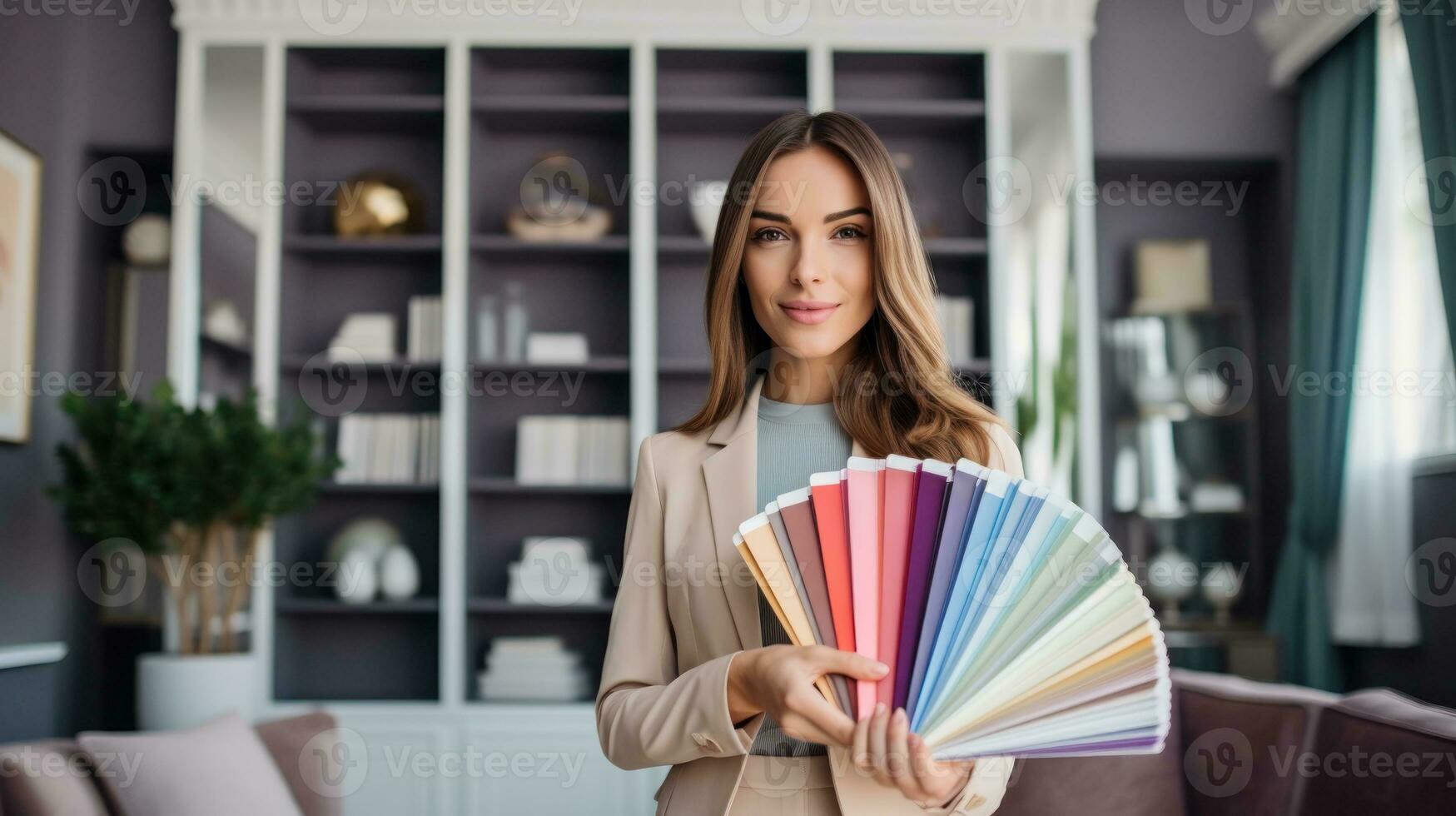 AI generated A woman holding a color swatch in front of a bookcase, examining colors for interior design. Generative AI photo