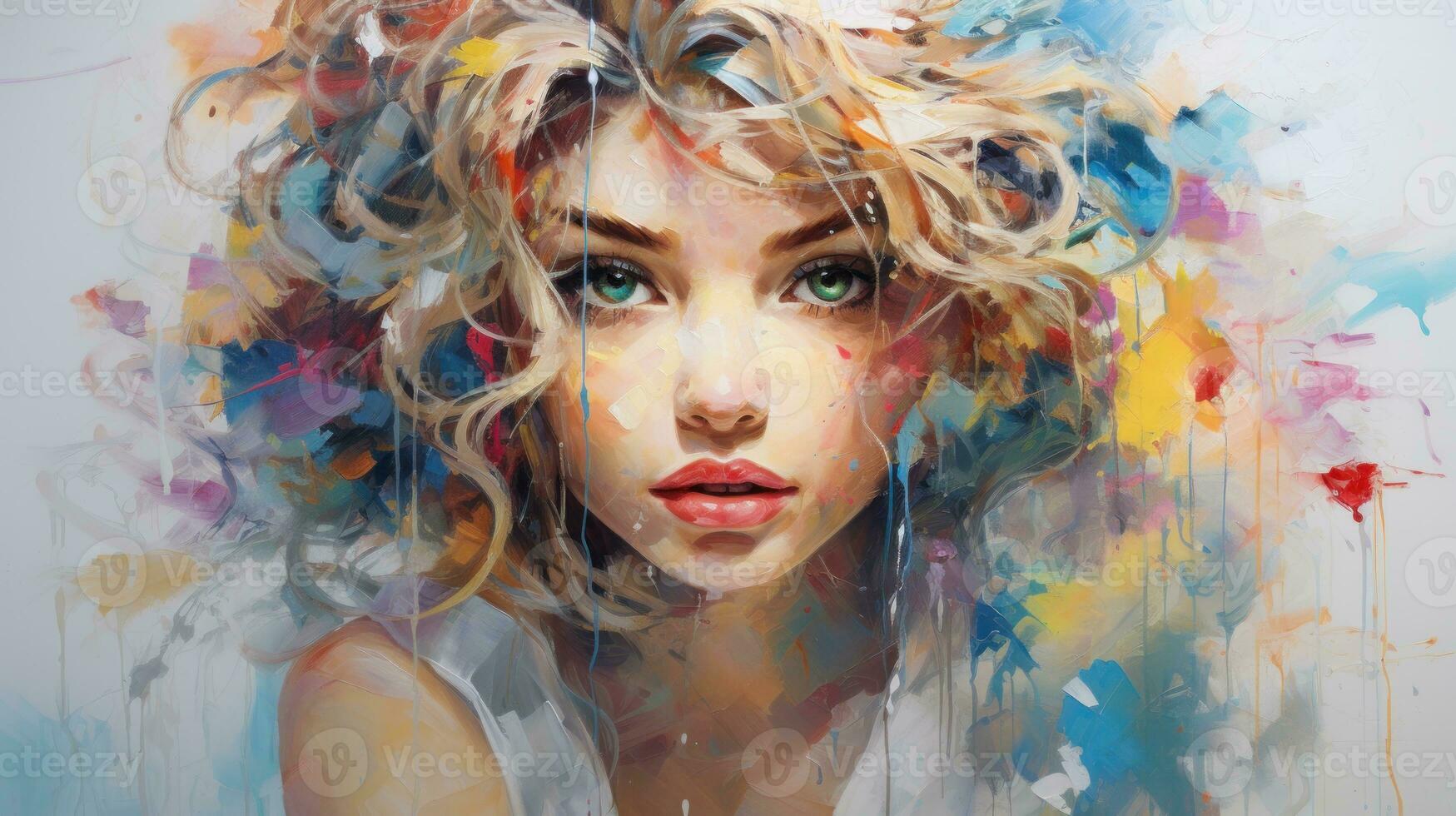 AI generated A painting of a woman with vibrant, multicolored hair, showcasing a unique and artistic expression. Generative AI photo
