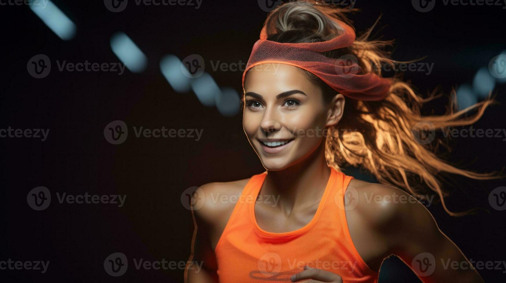 AI generated A woman in an orange top running against a black background. Generative AI photo