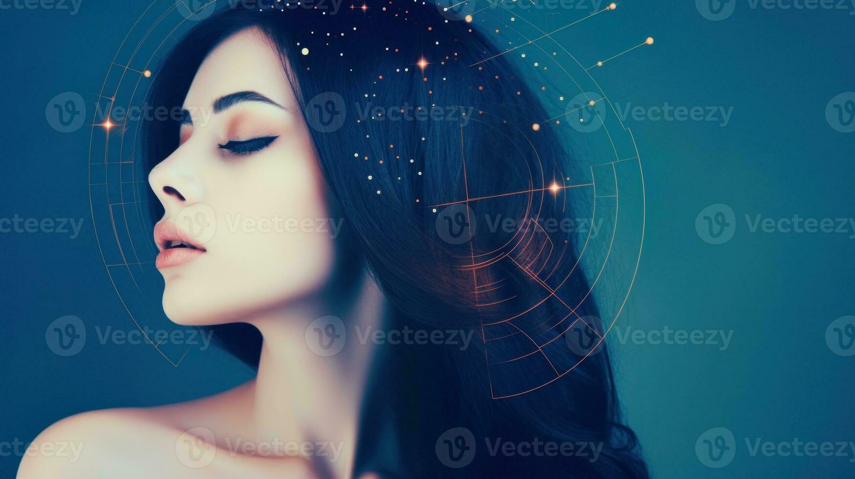 AI generated A woman peacefully resting with closed eyes, surrounded by twinkling stars in the night sky. Generative AI photo