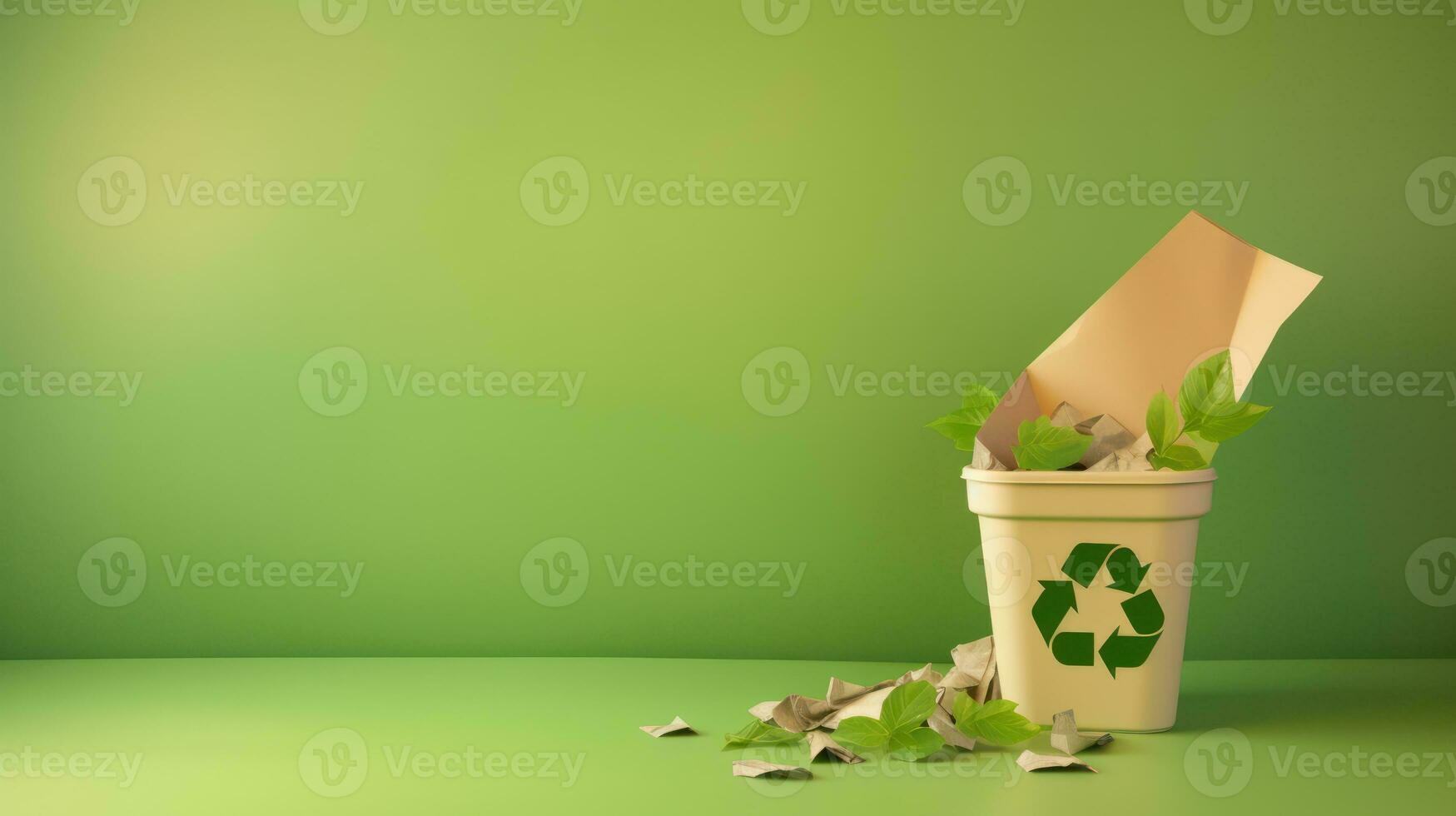 AI generated Recycling concept, 3D render of paper and paper recycling bin on green background. Generative AI photo