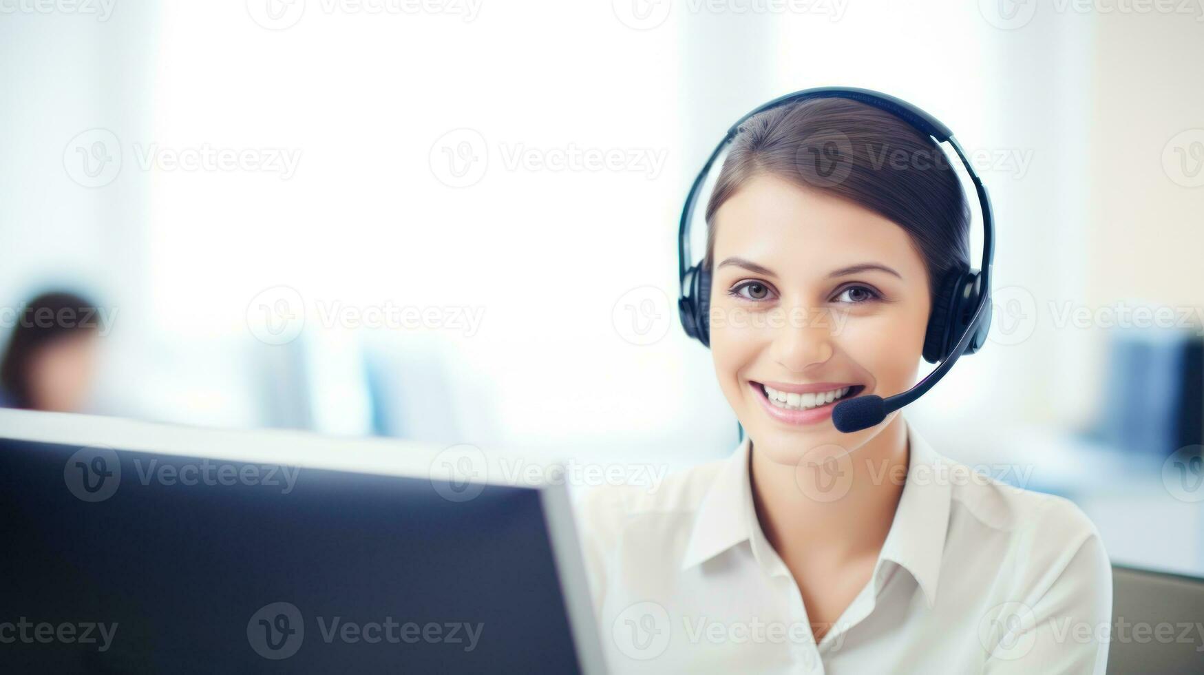 AI generated A woman wearing a headset, focused on her computer screen, while working. Generative AI photo