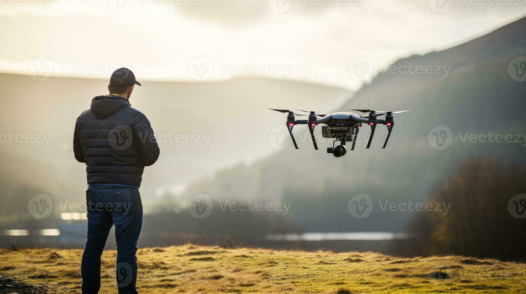 AI generated A man standing in front of a drone, ready for takeoff. Generative AI photo