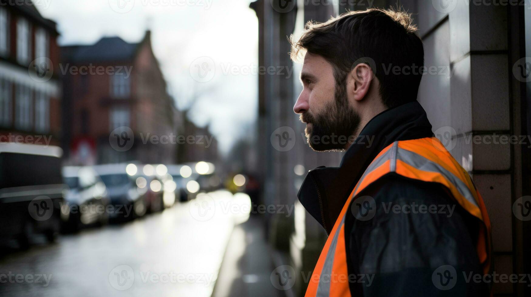 ai generado un hombre en un naranja chaleco en pie en un calle. generativo ai foto