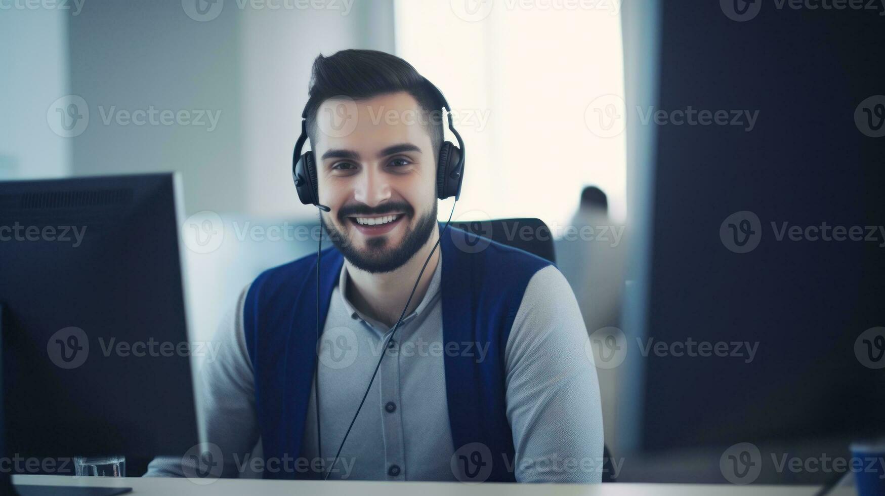 AI generated Man wearing headphones, focused on computer screen, engrossed in his work. Generative AI photo