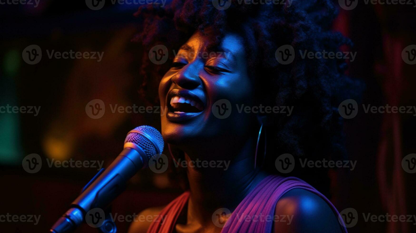 AI generated A woman with curly hair passionately singing into a microphone. Generative AI photo