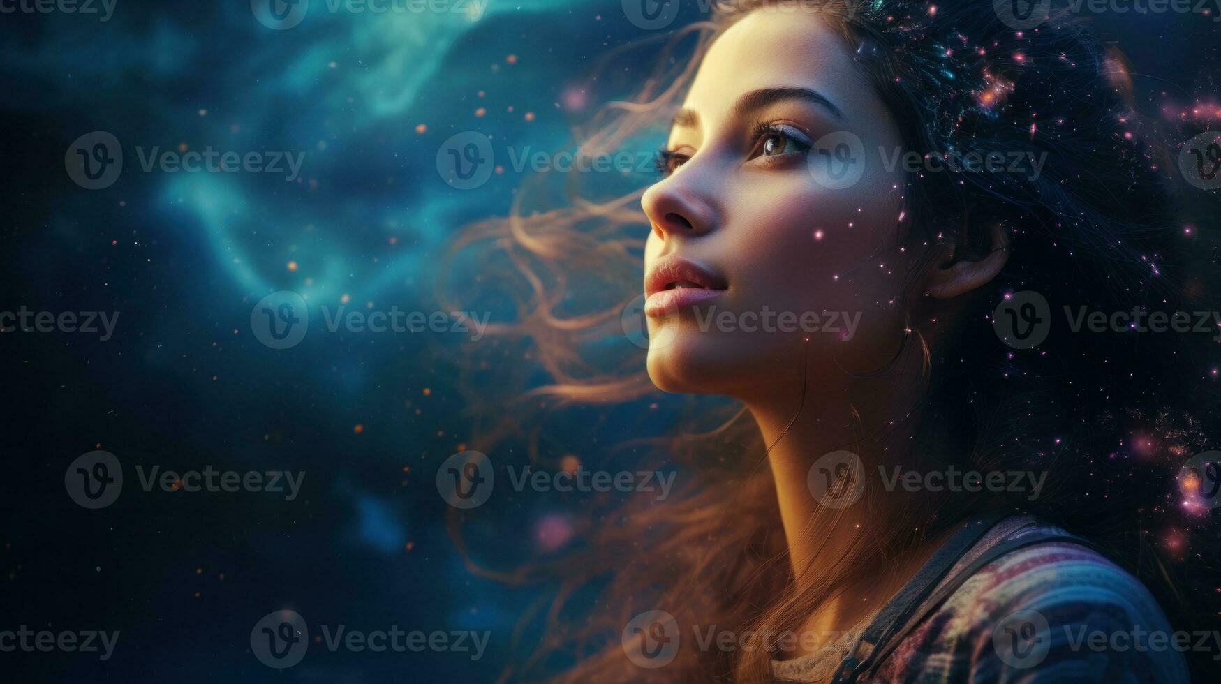 AI generated A woman looking at the stars above. Generative AI photo