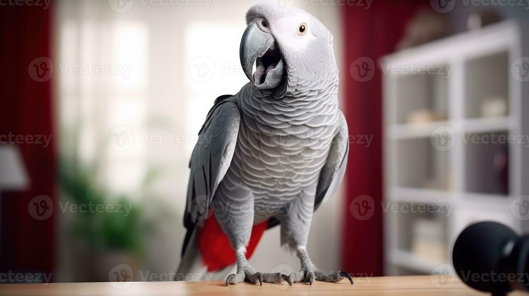 AI generated An African grey parrot perched on a table. Generative AI photo