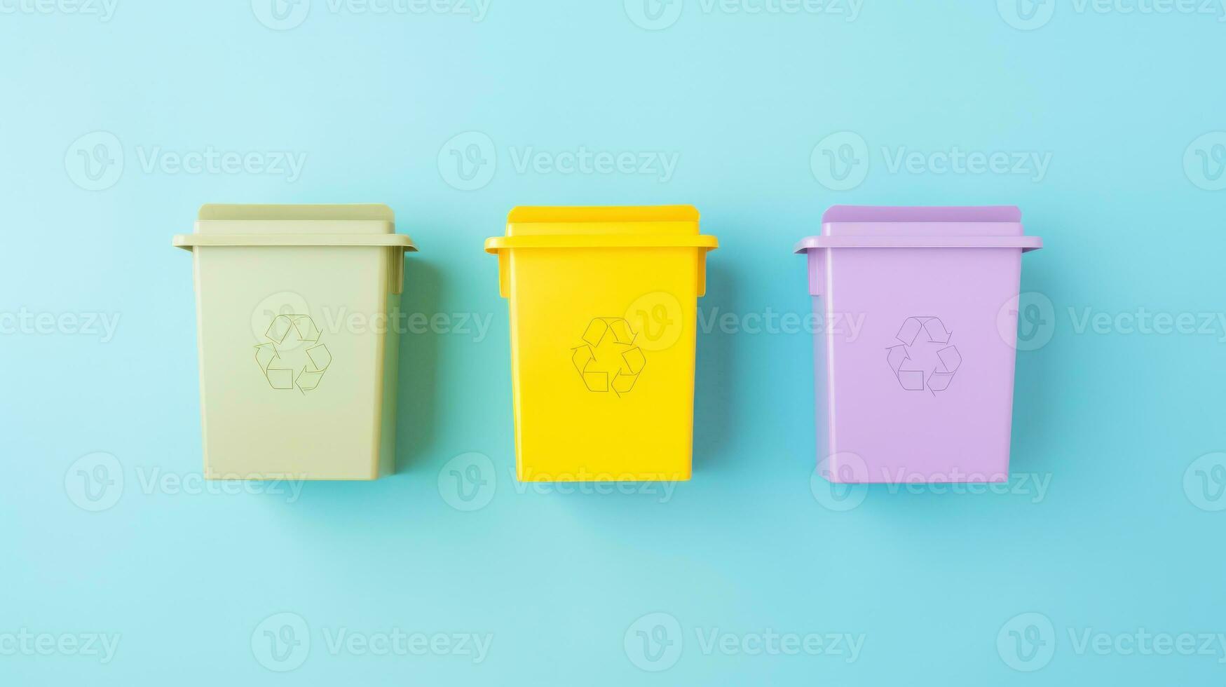 AI generated Three colorful trash cans on a blue background, red, green, and yellow cans side by side. Generative AI photo