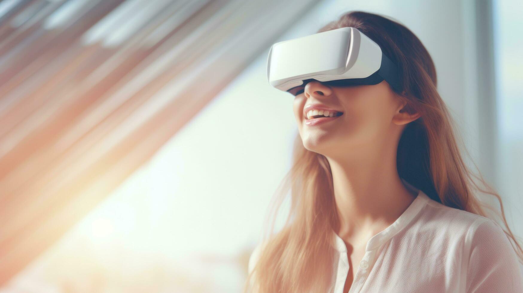 AI generated A woman immersed in a virtual reality experience, wearing a VR headset, exploring a digital world. Generative AI photo
