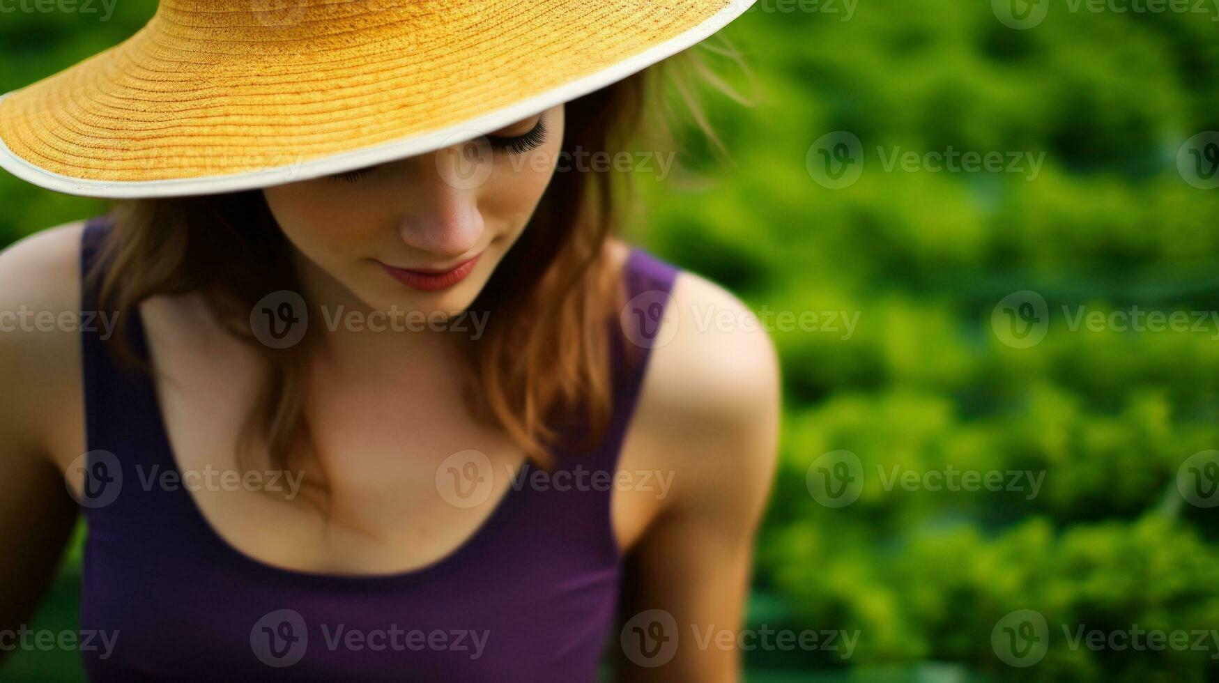 ai generado mujer en sombrero en pie en campo. generativo ai foto