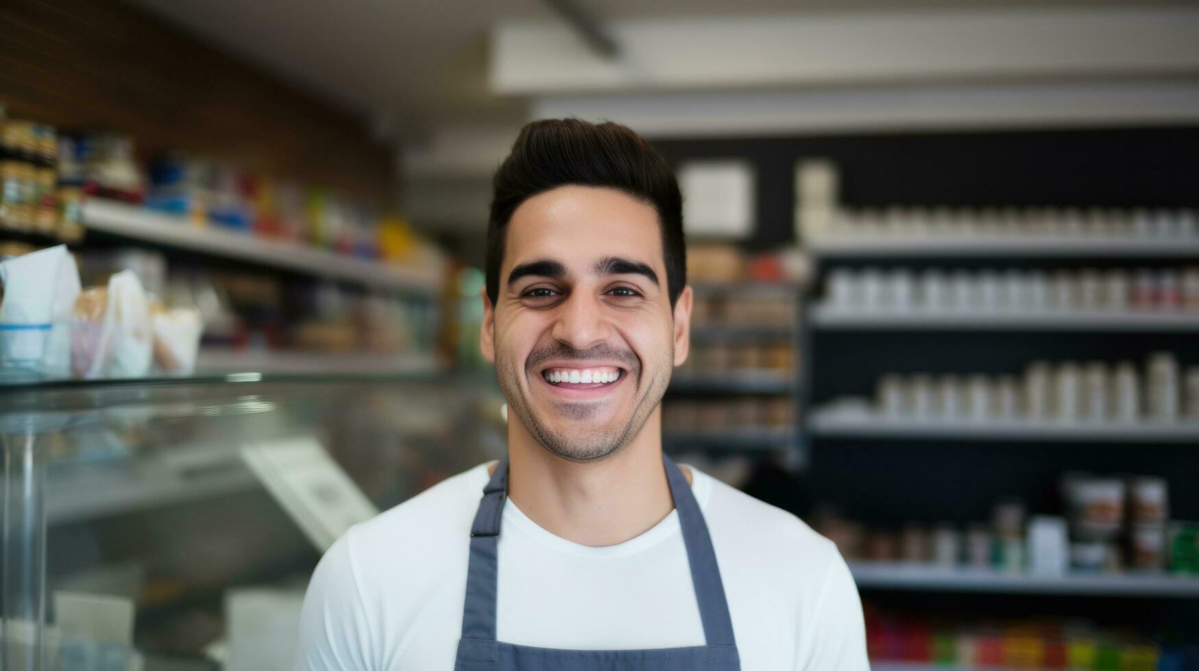 AI generated Employee wearing an apron smiles at arriving customers while standing in the store. Generative AI photo