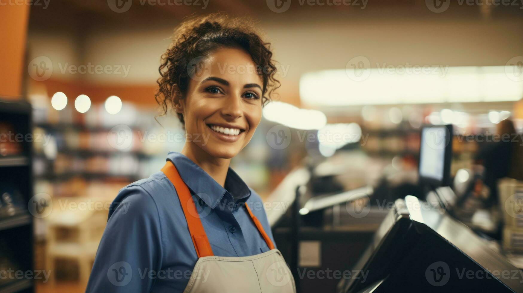 AI generated The cashier in an apron smiles in front of the cash register. Generative AI photo