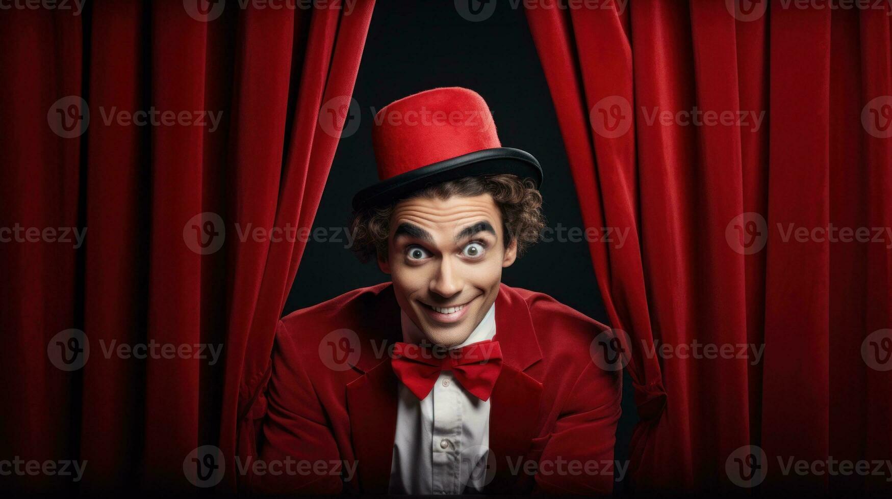 AI generated Man in red suit and top hat peeks from behind curtain. Generative AI photo